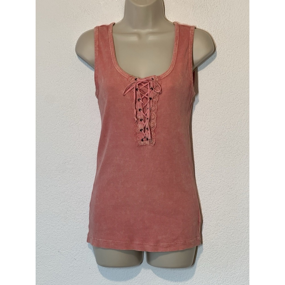 Vintage 90 Y2K Rib Knit Lace Up Front Scoop Neck‎ Coral Orange Tank Top Small